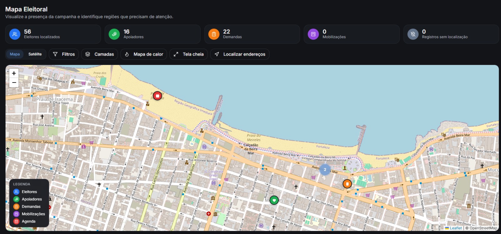Mapa com registros de apoiadores, demandas e mobilizações